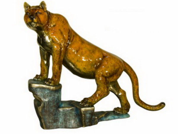 Cougar on Rock Cast Bronze Garden Statue Colored Patina Sculpture